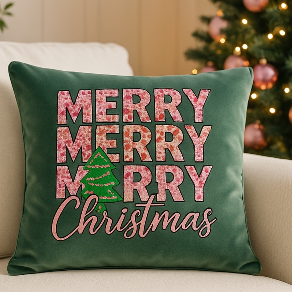 Luxury Festive Green Velvet Merry Christmas Pillow | Whimsical Festive Gifting